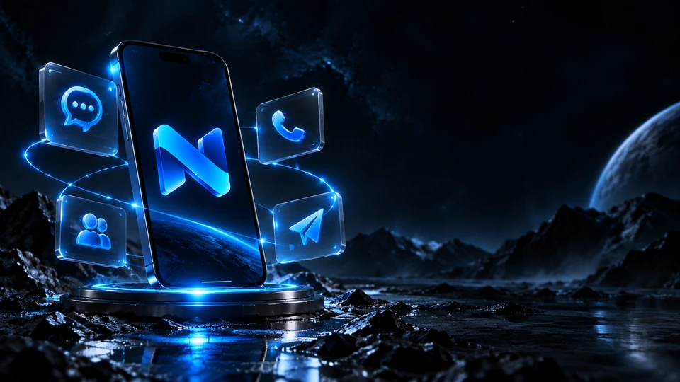 Nevrivo Contact Hub iletişim kanallarını temsil eden premium üç boyutlu mobil sahne