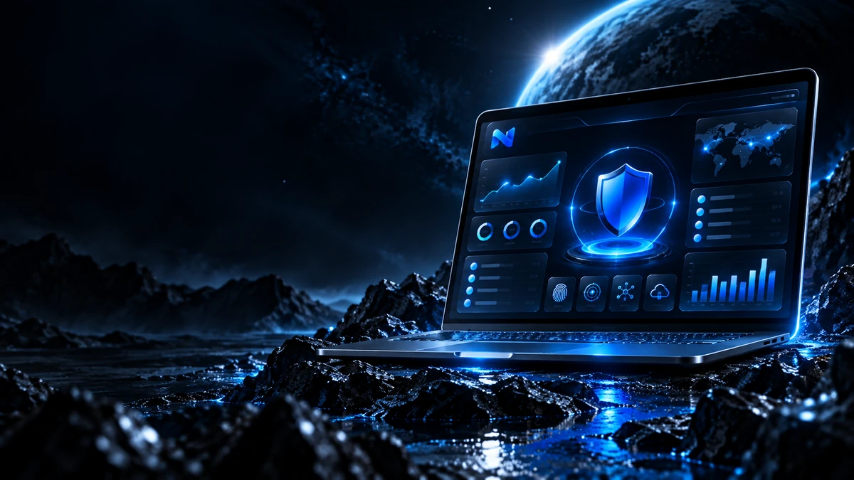 Nevrivo Security güvenlik arayüzünü gösteren premium üç boyutlu dizüstü bilgisayar sahnesi